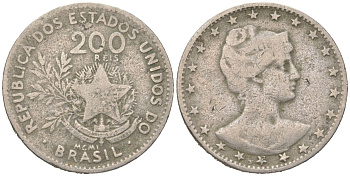 Бразилия 200 реалов 1901 MCMI, голова свободы вправо KM 504 медно-никель 4612-355