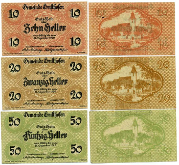 Австрия, Эрнстофен набор из 3 банкнот 10, 20, 50 геллеров 1920 31 декабря 1920, нотгельд, коммуна в земле Нижняя Австрия   бумага  UNC (пресс) 7555-23-4-1