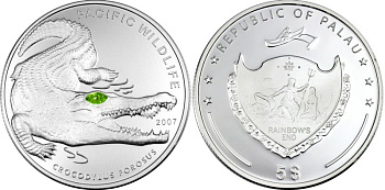 Палау 5 долларов 2007 серия сохраним наш мир, крокодил, глаза от Сваровски, тираж 2500 экземпляров серебро PROOF 04-318-41