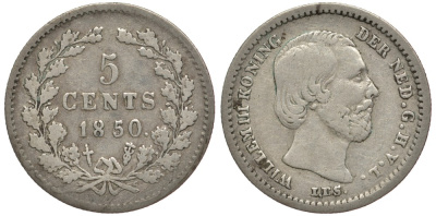 Нидерланды 5 центов 1850 Виллем III (1849-1890), точка после даты KM 91 серебро 4381-665