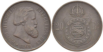 Бразилия 20 рейсов 1869 Педро II (1831-1889) KM 474 бронза 4529-457