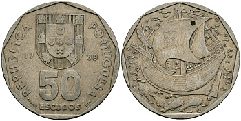 Португалия 50 эскудо 1988 парусник KM 636 медно-никель 4120-1021
