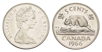Канада 5 центов 1966 Елизавета II (1952-2022), бобр KM 60.1 никель aUNC 4639-447