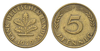 ФРГ 5 пфеннигов 1949 F KM 102, J. 377 сталь плакированная латунью 4618-1039