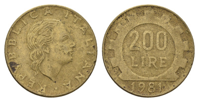Италия 200 лир 1981 R, шестерня KM 105 алюминиевая бронза 4646-213