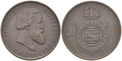 Бразилия 20 рейсов 1869 Педро II (1831-1889) KM 474 бронза 4529-457