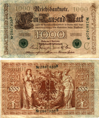 Германия 1000 марок 1910 Pick 45b бумага 6317-4-2-2