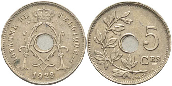 БЕЛЬГИЯ 5 САНТИМОВ 1928 BELGIQUE, АЛЬБЕРТ I (1909-1934) KM 66 медно-никель 116-943