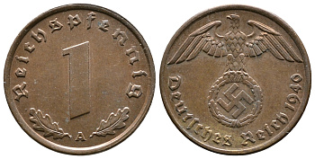 ГЕРМАНИЯ 1 РЕЙХСПФЕННИГ 1940 A KM 89, J. 361 бронза 71-1566