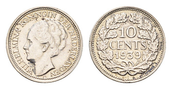 Нидерланды 10 центов 1939 Вильгельмина I (1890-1948) KM 163 серебро 4674-1051