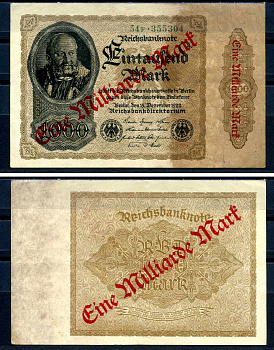 Германия 1000000000 марок 1923 красная диагональная, двухсторонняя надпечатка на 1000 марок 1922, бумага белая, водяной знак 1001 Pick 113 a (4) бумага 8589-57-1-1