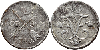 Швеция 1 эре 1749 S.M., Фредерик I (1720-1751) серебрение KM 416.1 медь 1530-1131