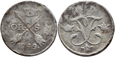 Швеция 1 эре 1749 S.M., Фредерик I (1720-1751) серебрение KM 416.1 медь 1530-1131