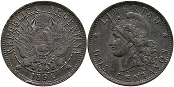 Аргентина 2 сентаво 1894 голова свободы влево KM 8 бронза 4531-1211