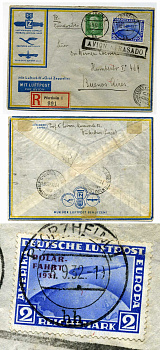 ГЕРМАНИЯ ПОЧТОВЫЙ КОНВЕРТ С ТРЕМЯ ПОГАШЕНЫМИ МАРКАМИ: 2 РЕЙХСМАРКИ 1931 ЦЕППЕЛИН, ПОЛЯРНАЯ ЭКСПЕДИЦИЯ, КОНВЕРТ АВИАПОЧТЫ 451-102-2
