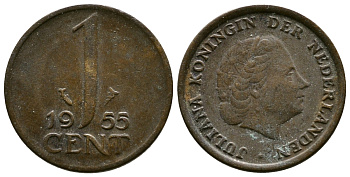 Нидерланды 1 цент 1955 Юлиана (1948-1980) КМ 180 бронза 75-969
