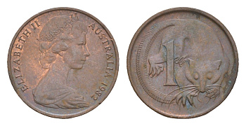 Австралия 1 цент 1982 Елизавета II (1952-2022), молодой портрет, опоссум KM 62 бронза 4655-1223