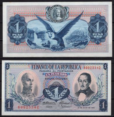 Колумбия 1 песо оро 1972 Симон Боливар, генерал Франсиско де Паула Сантандер, андский кондор Pick 404 бумага UNC (пресс) 8518-19-2-2