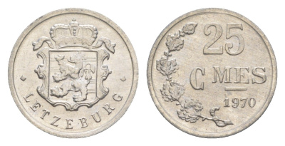 Люксембург 25 сантимов 1970 Герцог Жан (1964-1999) KM 45a алюминий 4643-526