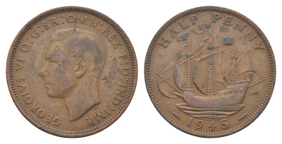 Великобритания 1/2 пенни 1945 Георг VI (1936-1952) KM 844, Spink 4115 бронза 4662-1113
