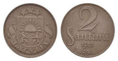 Латвия 2 сантима 1932 KM 2 бронза 4679-239