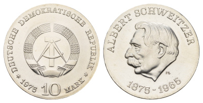 ГДР 10 марок 1975 А, 100 лет со дня рождения Альберта Швейцера KM 56, J. 1554 серебро UNC 1099-2-44