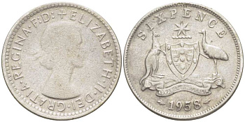 АВСТРАЛИЯ 6 ПЕНСОВ 1958 m, ЕЛИЗАВЕТА II (1953-), ГЕРБ АВСТРАЛИИ, ПРОБА 500, ДИАМЕТР 28,5 ММ. KM 58 серебро 4516-129