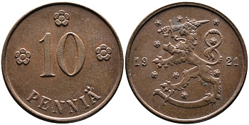 Финляндия 10 пенни 1921 республика (1918-1962) KM 24 медь 4388-917