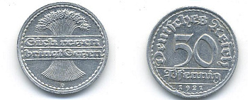 ГЕРМАНИЯ 50 ПФЕННИГОВ 1921 D KM 27, J. 301 алюминий 58-435