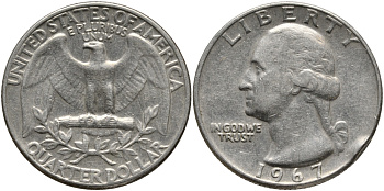 США 25 центов (квотер) 1967 Вашингтон KM 164a медь плакированная медно-никелем 4390-1025