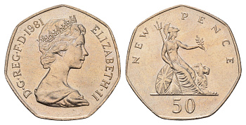 Великобритания 50 пенсов 1981 Елизавета II (1952-2022) KM 913, Spink 4223 (H1) медно-никель UNC 3851-842