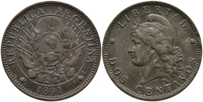 Аргентина 2 сентаво 1891 голова свободы влево KM 8 бронза 4531-1111