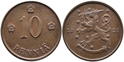 Финляндия 10 пенни 1921 республика (1918-1962) KM 24 медь 4388-917
