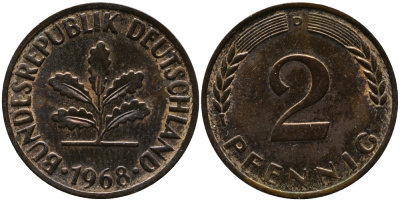 ФРГ 2 пфеннига 1968 D KM 106а, J.381а сталь плакированная медью 99-155