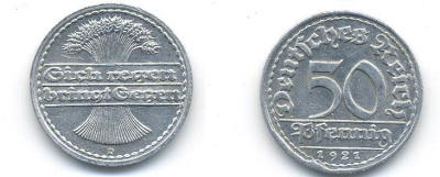 ГЕРМАНИЯ 50 ПФЕННИГОВ 1921 D KM 27, J. 301 алюминий 58-435