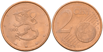 Финляндия 2 евроцента 2000  KM 99 сталь плакированная медью  UNC  4564-368