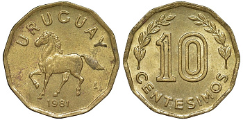 Уругвай 10 сентесимо 1981 KM 66 алюминиевая бронза 4169-514