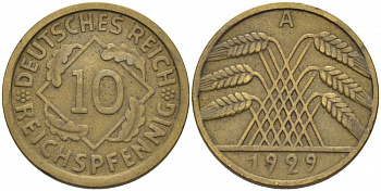ГЕРМАНИЯ 10 РЕЙХСПФЕННИГОВ 1929 A, KM 40, J. 317 алюминиевая бронза 110-247