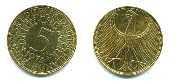 ФРГ 5 МАРОК 1974 J, ПОЗОЛОТА, KM 112.1, J. 387 серебро 54-1217