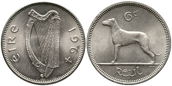 ИРЛАНДИЯ 6 ПЕНСОВ 1964 ИРЛАНДСКИЙ ВОЛКОДАВ KM 13а медно-никель 4525-1141