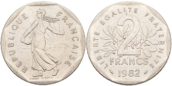 Франция 2 франка 1982 KM 942.1 никель 63-611