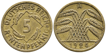 ГЕРМАНИЯ 5 РЕНТЕНПФЕННИГОВ 1924 A KM 32, J. 308 алюминиевая бронза 39-448