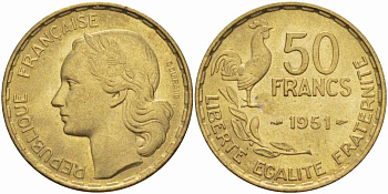 ФРАНЦИЯ 50 ФРАНКОВ 1951 ПЕТУХ KM 918.1, LE FRANC 425.5 алюминиевая бронза 38-911