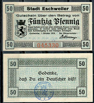 Германия, Эшвайлер 50 пфеннигов 1918 нотгельд, 1.10.1918 бумага UNC (пресс) 8614-44-4-1