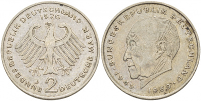 ФРГ 2 МАРКИ 1970 J, КОНРАД АДЕНАУЭР KM 124, J. 406 медно-никель плакированный никелем 3718-1047