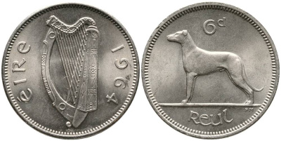 ИРЛАНДИЯ 6 ПЕНСОВ 1964 ИРЛАНДСКИЙ ВОЛКОДАВ KM 13а медно-никель 4525-1141