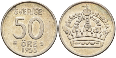 Швеция 50 эре 1953 TS, Густав VI Адольф (1950-1973) KM 825 серебро 4148-926