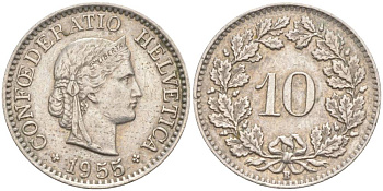 ШВЕЙЦАРИЯ 10 РАППЕНОВ 1955 В KM 27 медно-никель 55-244