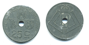 БЕЛЬГИЯ 25 САНТИМОВ 1942 BELGIQUE-BELGIE, ГЕРМАНСКАЯ ОККУПАЦИЯ, ВТОРАЯ МИРОВАЯ ВОЙНА KM 131 цинк 25-326