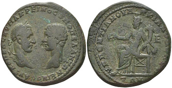 Римская Империя, Провинция Нижняя Мезия, Маркианополь пентассарий 241 - 244 Макрин и Диадумениан, бюсты императора и цезаря / богиня Гармонии и Порядка Омония, 13,29 гр rare Moushmov 557 медь 1073-22-71